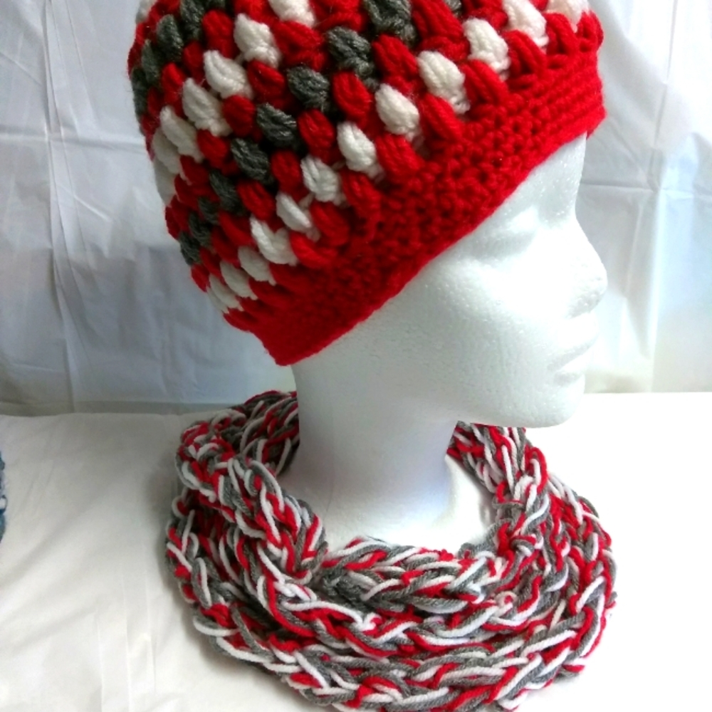 Crochet Puff Beanie Chain Scarf Set
